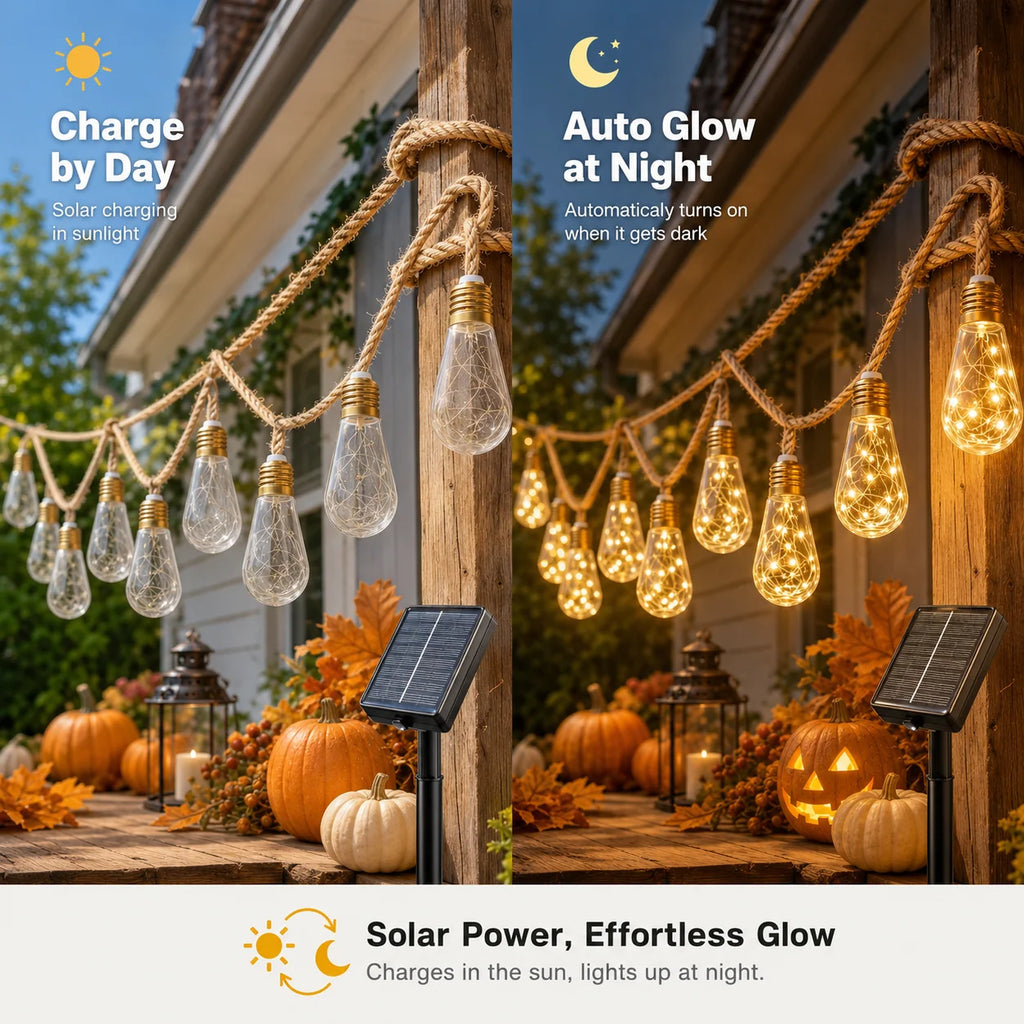Solar String Lights Hemp Rope Edison Bulb Fairy Lights Warm White