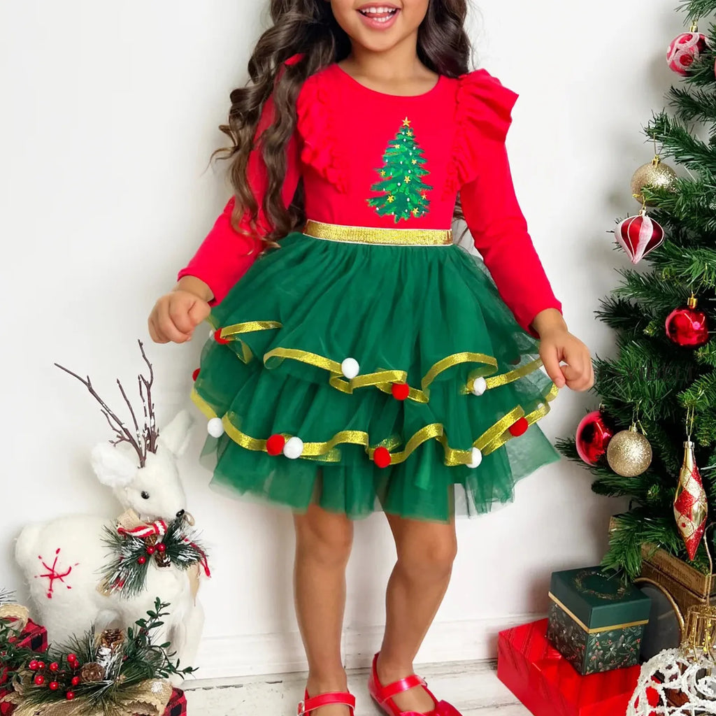 Little Girls Easter Christmas Long Sleeve Snowman Tree Print Dress