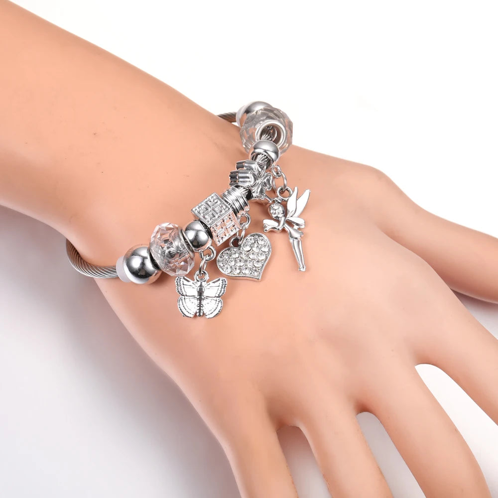 Butterfly Pendant Stainless Steel Beaded Charm Bracelet
