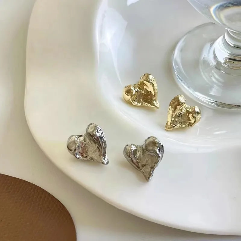 Retro Uneven Metal Heart Stud Earrings for Women