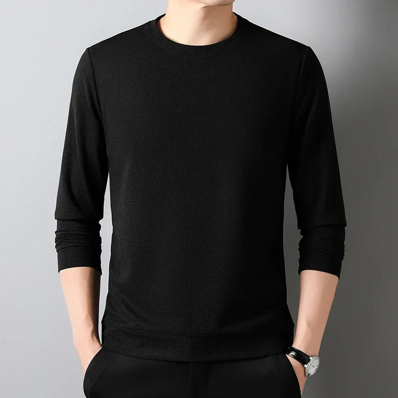 New Men's Business Casual Long Sleeved Solid Color Round Neck T-shirt for Autumn Winter Comfortable Fashionable Versatile Top
