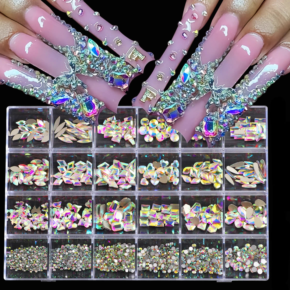 1 Box 3D Nail Diamond Kit, 24 AB Crystal Gem Grids, Multi-Shaped Nail Art