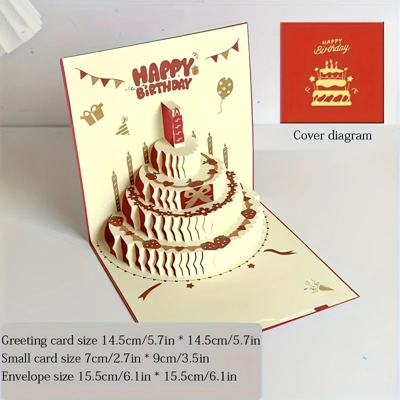 3D Happy Birthday Card Christmas Gift Card Birthday Cake Pop-Up Greeting with Envelope Christmas Invitation Cards