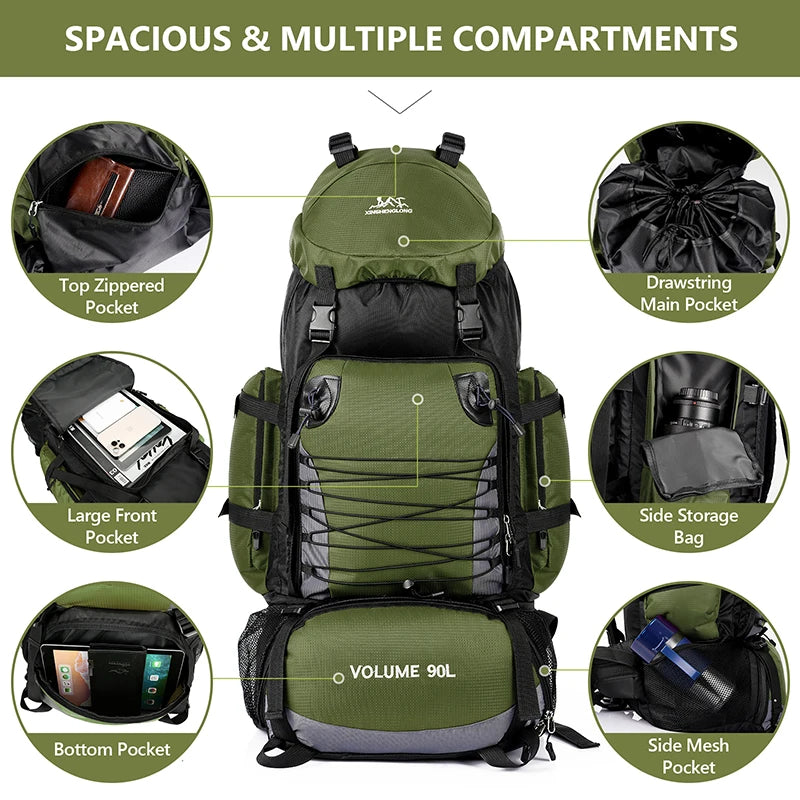 90L Camping Backpack Nylon Hiking Trekking Rucksack