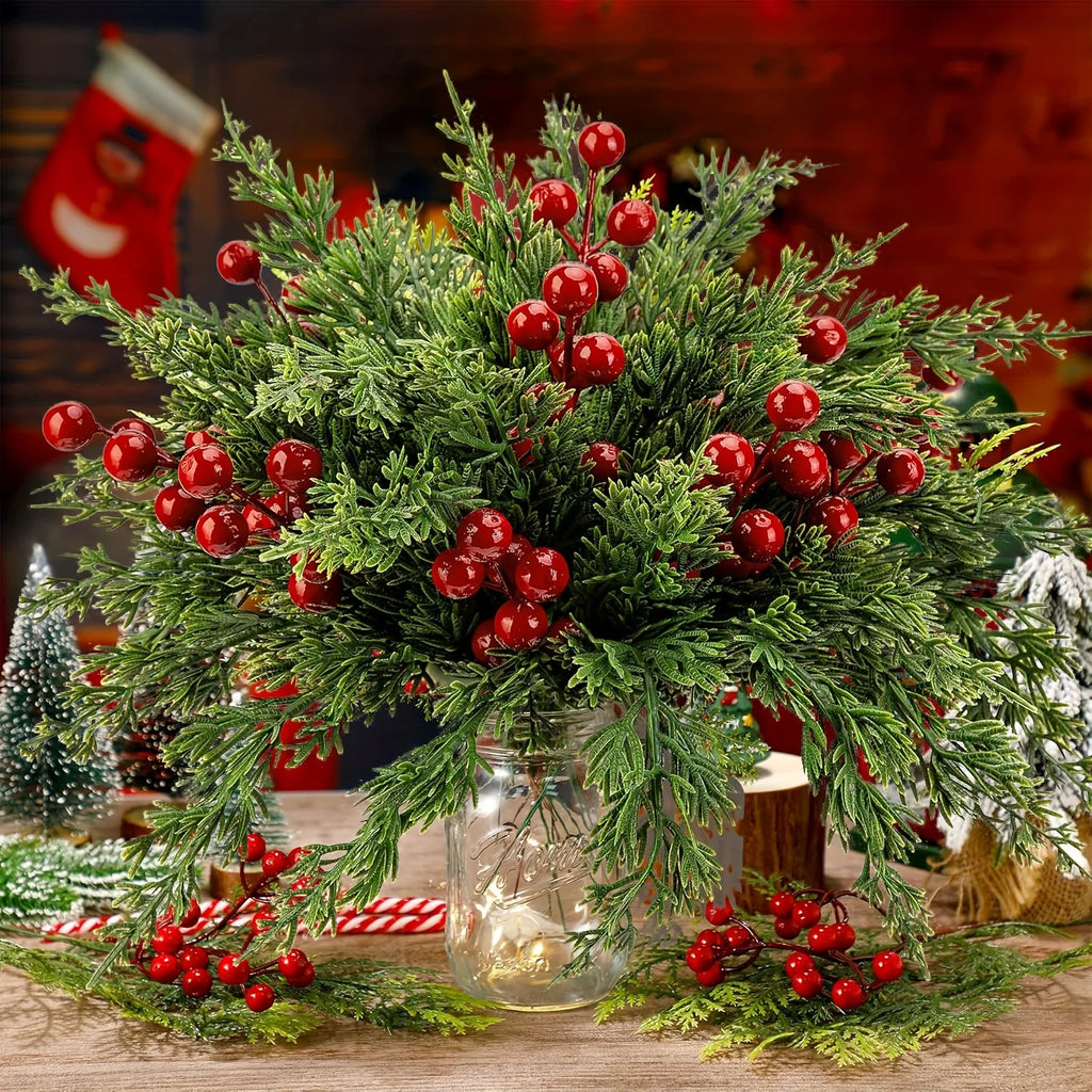 15 Artificial Pine Branches with Red Berry Stems Faux Christmas Greenery
