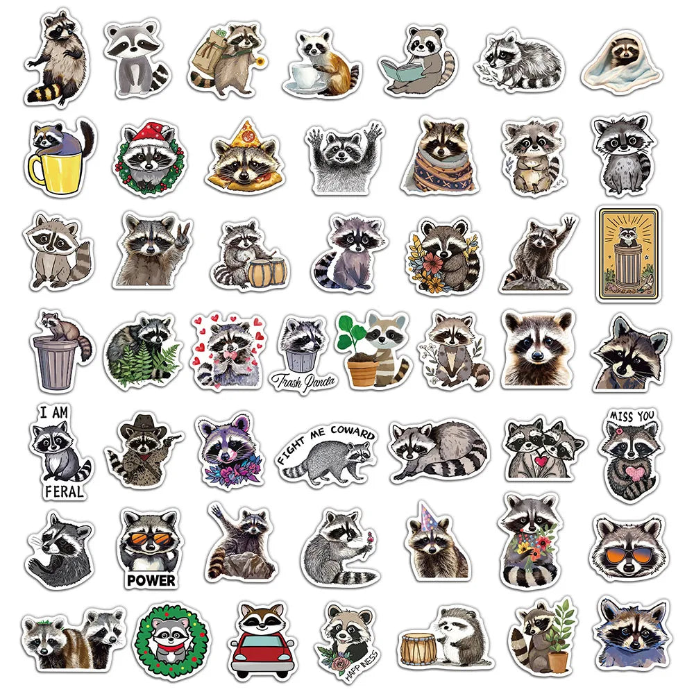 50 Pcs Cartoon Raccoon Stickers Cute Animal Waterproof