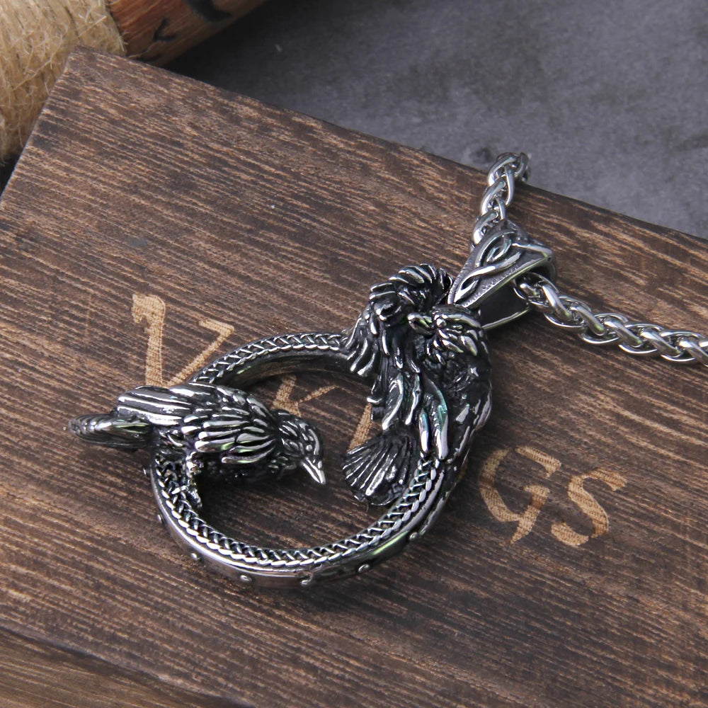 Odin Huginn and Muninn Raven Pendant Necklace Stainless Steel Viking