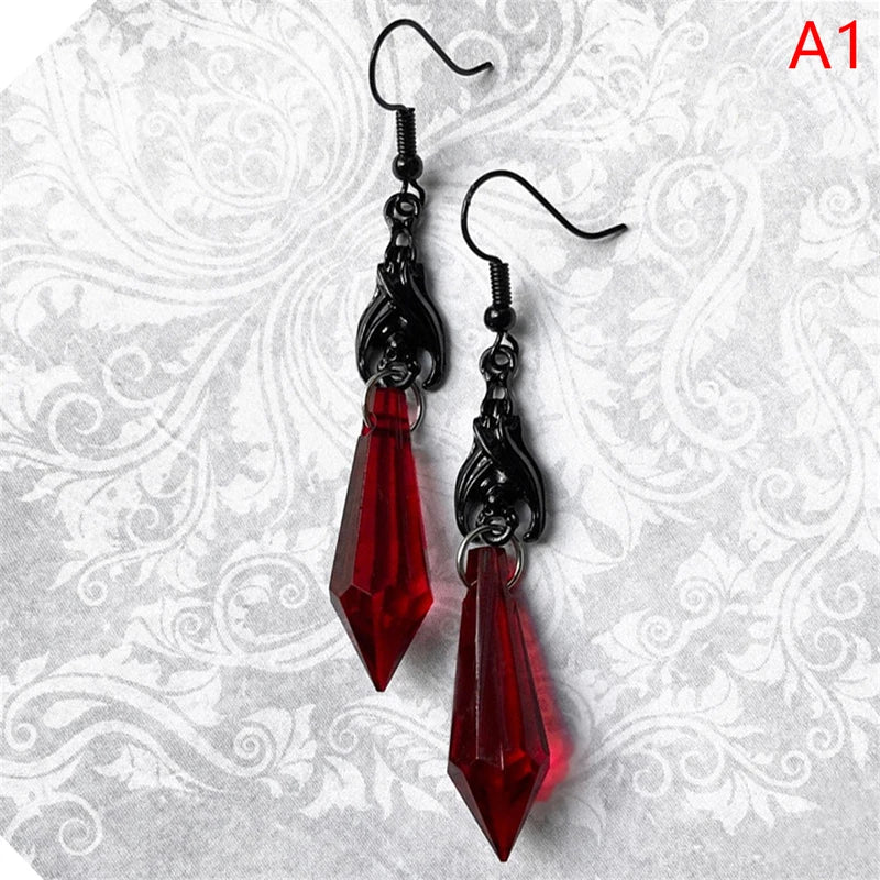 Bat Earrings with Red Teardrop Beads, Gothic Jewelry