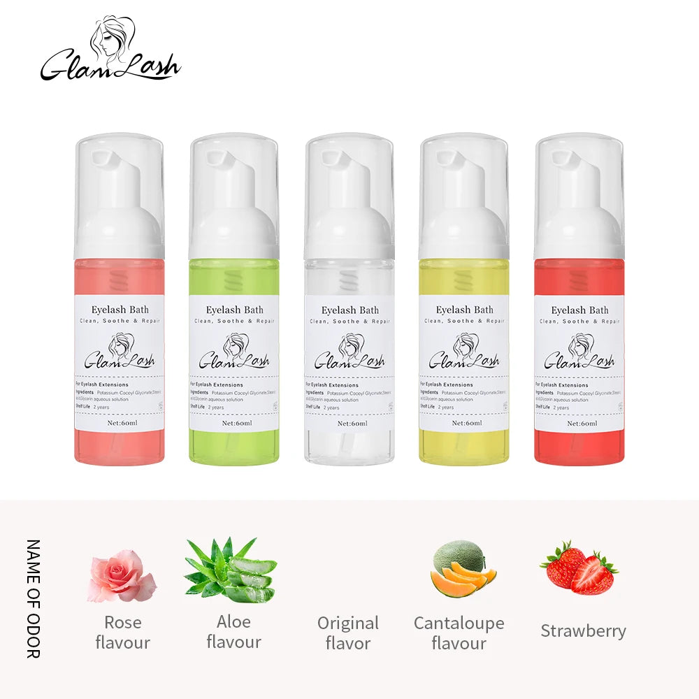 GLAMLASH 60ml No tears Formula Fruit Scent Eyelash Foam Cleanser For Lash Extension Shampoo Pump Pre