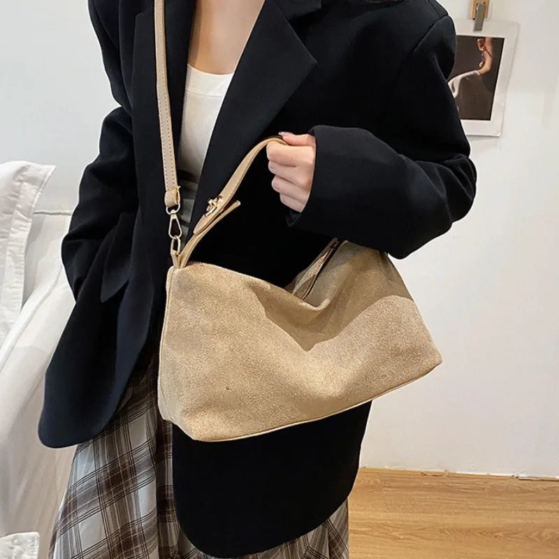 Women's vintage-style fashion shoulder bag with suede-like texture, Bohemian style, adjustable wide strap