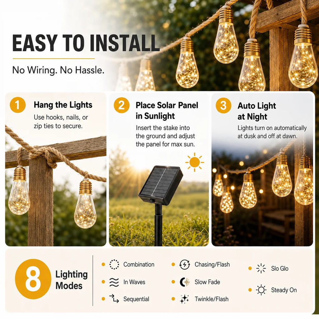 Solar String Lights Hemp Rope Edison Bulb Fairy Lights Warm White
