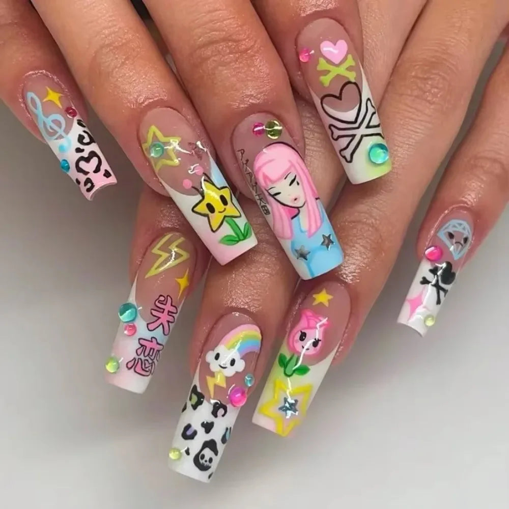 Y2K Cartoon Girl Rainbow Long Press On Nails 24pcs