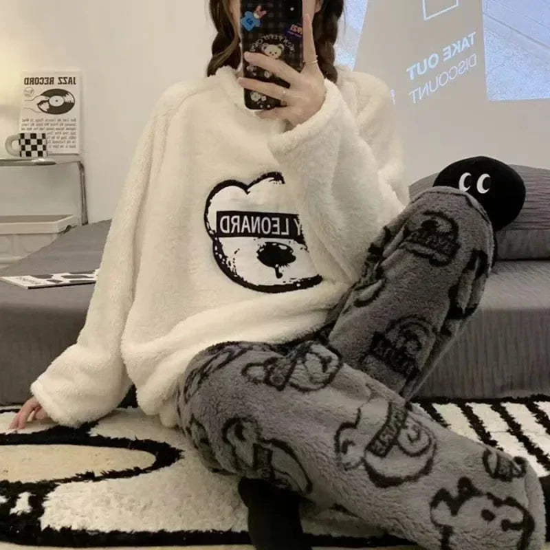 2PCS/Set Thickened Warm Flannel Women's Pajamas Tops and Trousers Student Sleepwear Homewear Winter Cartoon Bear Nightwear