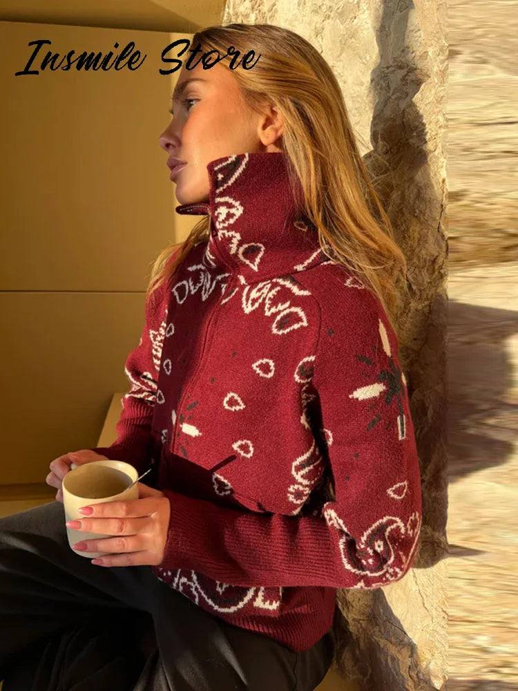 Fashion Knit Jacquard Cardigan Women Gray Stand Collar Zipper Full Sleeve Sweater 2026 Autumn Winter Lady Casual Street Knitwear
