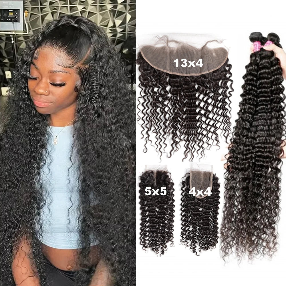 Deep Wave Brazilian Human Hair Bundles With HD Lace Closure