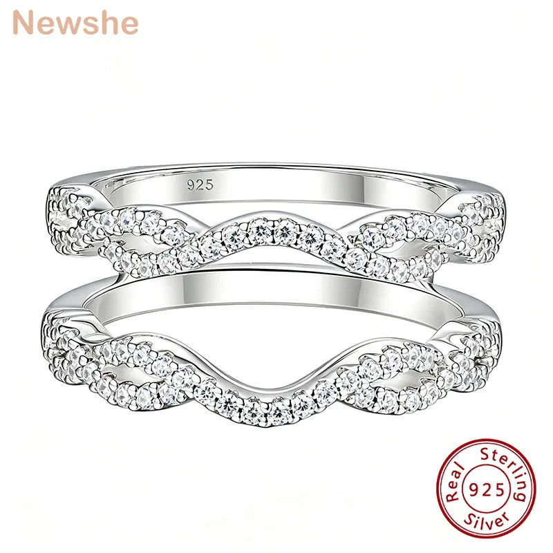 Newshe 925 Sterling Silver Enhancer Stackable Wedding Bands for Women Adjustable Double Wave Ring AA