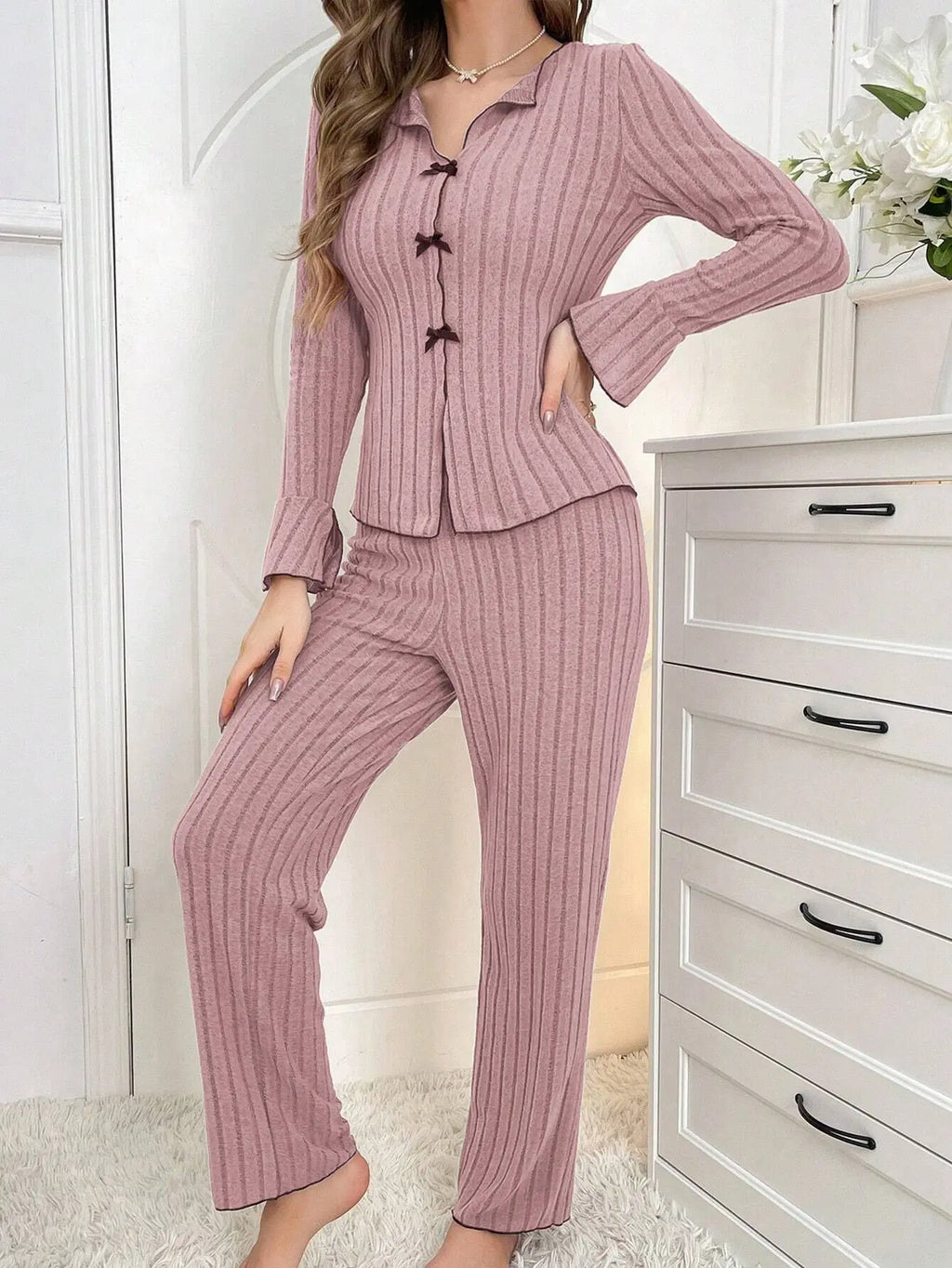 2-Piece Women's Autumn and Winter Pure Color Elegant Bow Women's Simple Long-Sleeved Pants Pajama Set Leisure Home Clothing