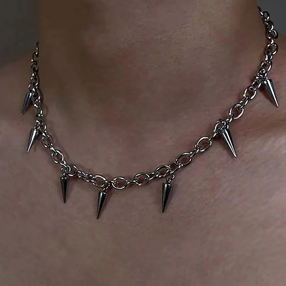 Men Punk Style Rivet Tassel Necklace Hip Hop Women Fashion Geometric Titanium Steel Chain Necklace