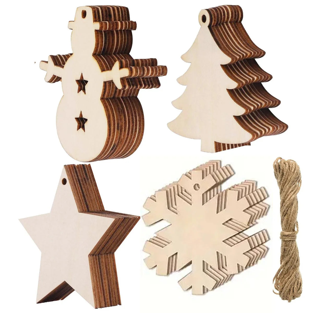 40pcs DIY Wooden Christmas Ornaments Blank Paintable Wood Chips with 10m Hemp Rope