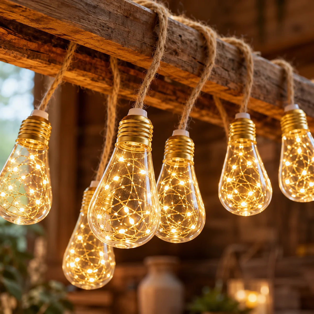 Solar String Lights Hemp Rope Edison Bulb Fairy Lights Warm White