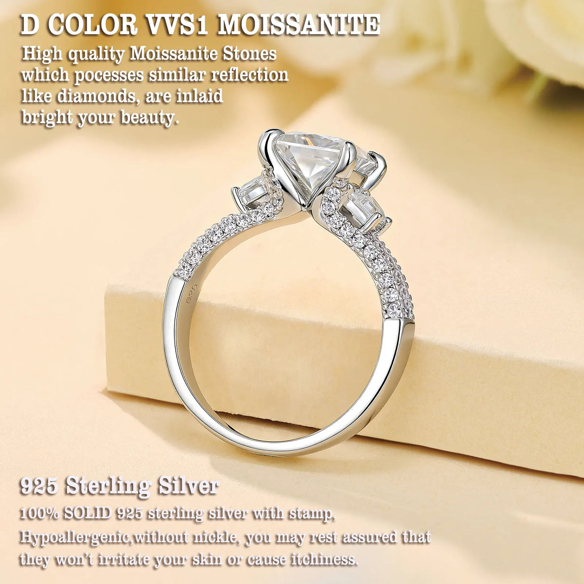 Newshe 925 Sterling Silver 7*7 mm Princess Cut Moissanite Engagement Ring with GRA Certi detail view