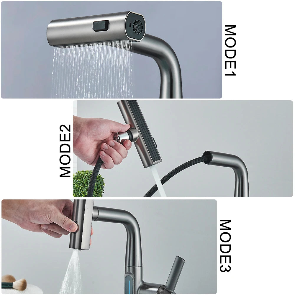 Waterfall Temperature Digital Display Basin Faucet Lift Up Down Stream Sprayer Hot Cold Water Sink Mixer Wash Tap For Bathroom