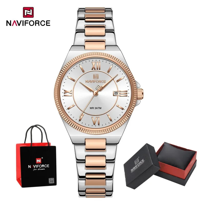 NAVIFORCE Casual for Daily Dress Women Quartz Watch 3ATM Waterproof Date Display Stainless Steel  Lady Wristwatch Package Gifts