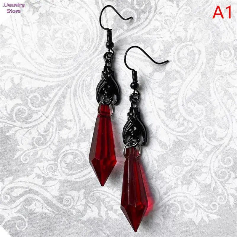 Bat Earrings with Red Teardrop Beads, Gothic Jewelry