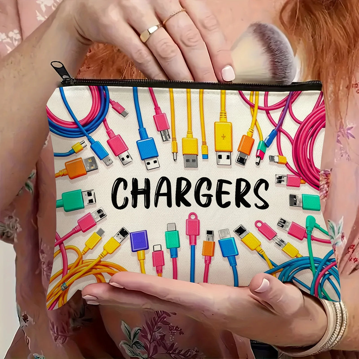 Vibrant Colorful Cable & USB Storage Bag Durable Zipper Pouch, Unisex Electronic Accessory Case with "CHARGERS" Print Pouch Bag