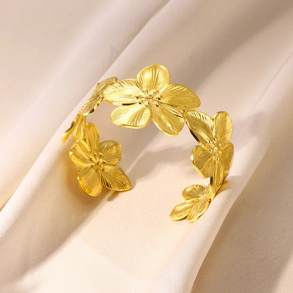 Flower Chunky Opening Bangle Bracelet Stainless Steel For Women