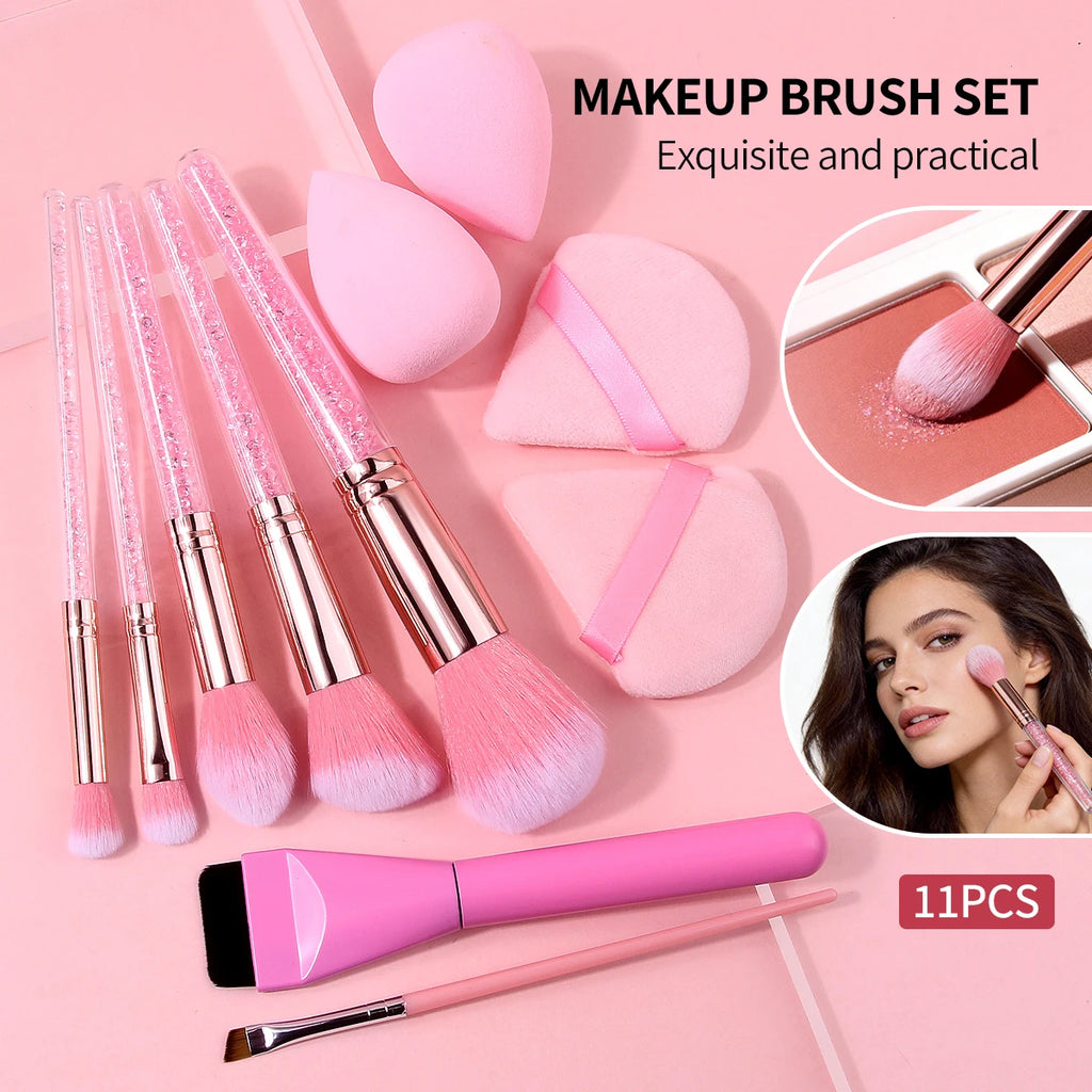 11Pcs Pink Makeup Brush Set with Sponge & Puff, Professional Glitter Handle Brushes fo close-up view