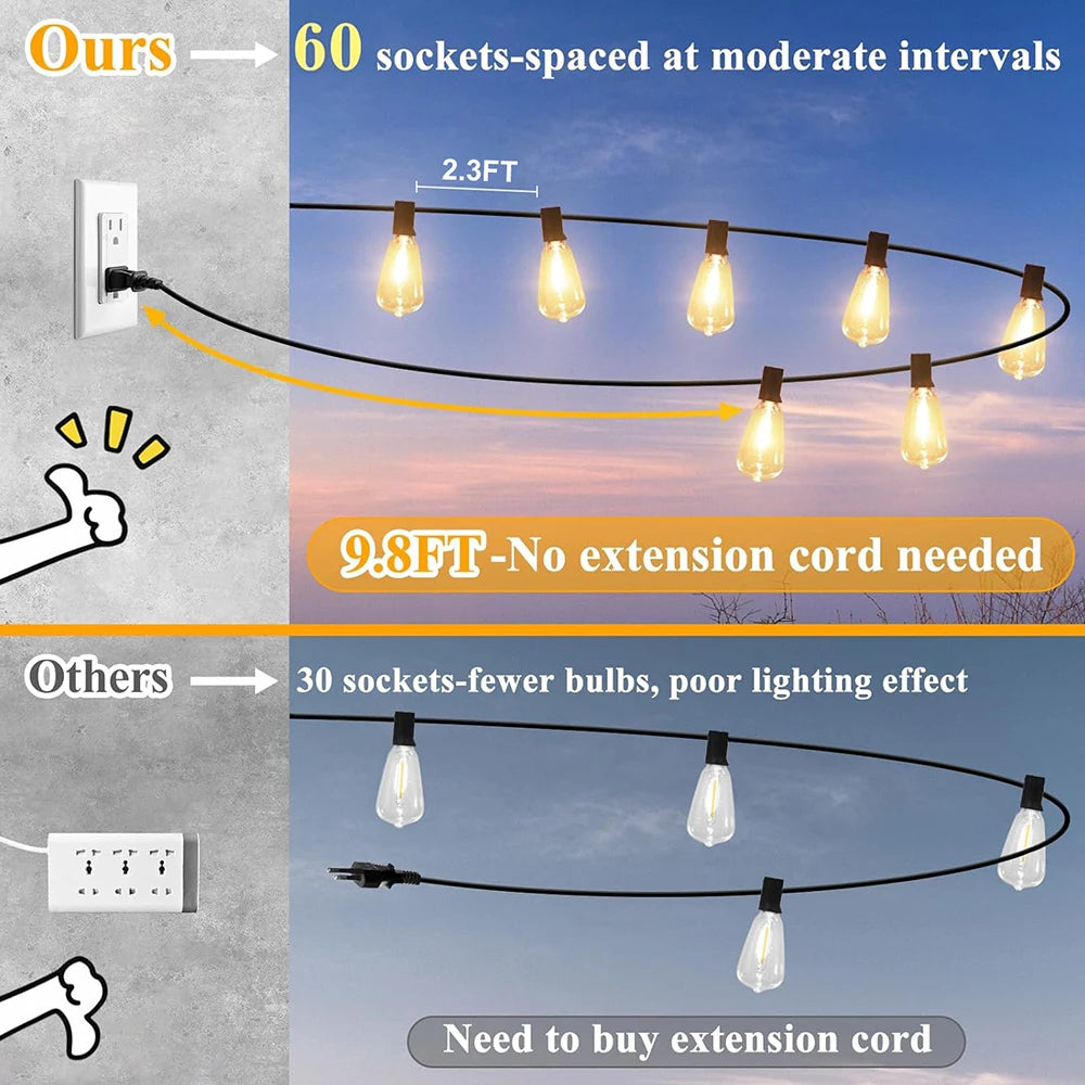 200FT LED Outdoor String Lights Dimmable Shatterproof