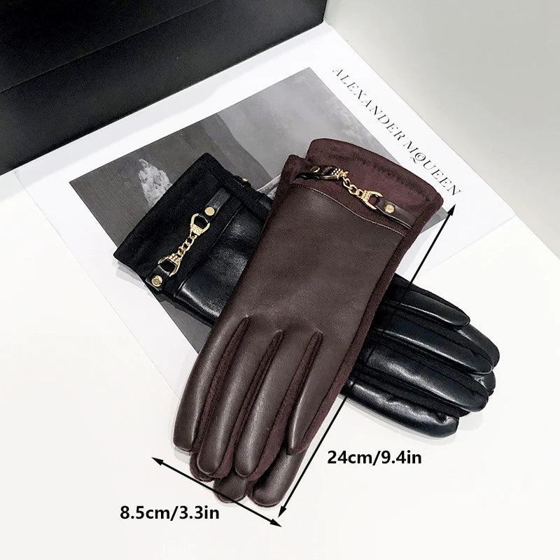 Women's Winter Knit Gloves Synthetic Leather Fleece Lined Touchscreen
