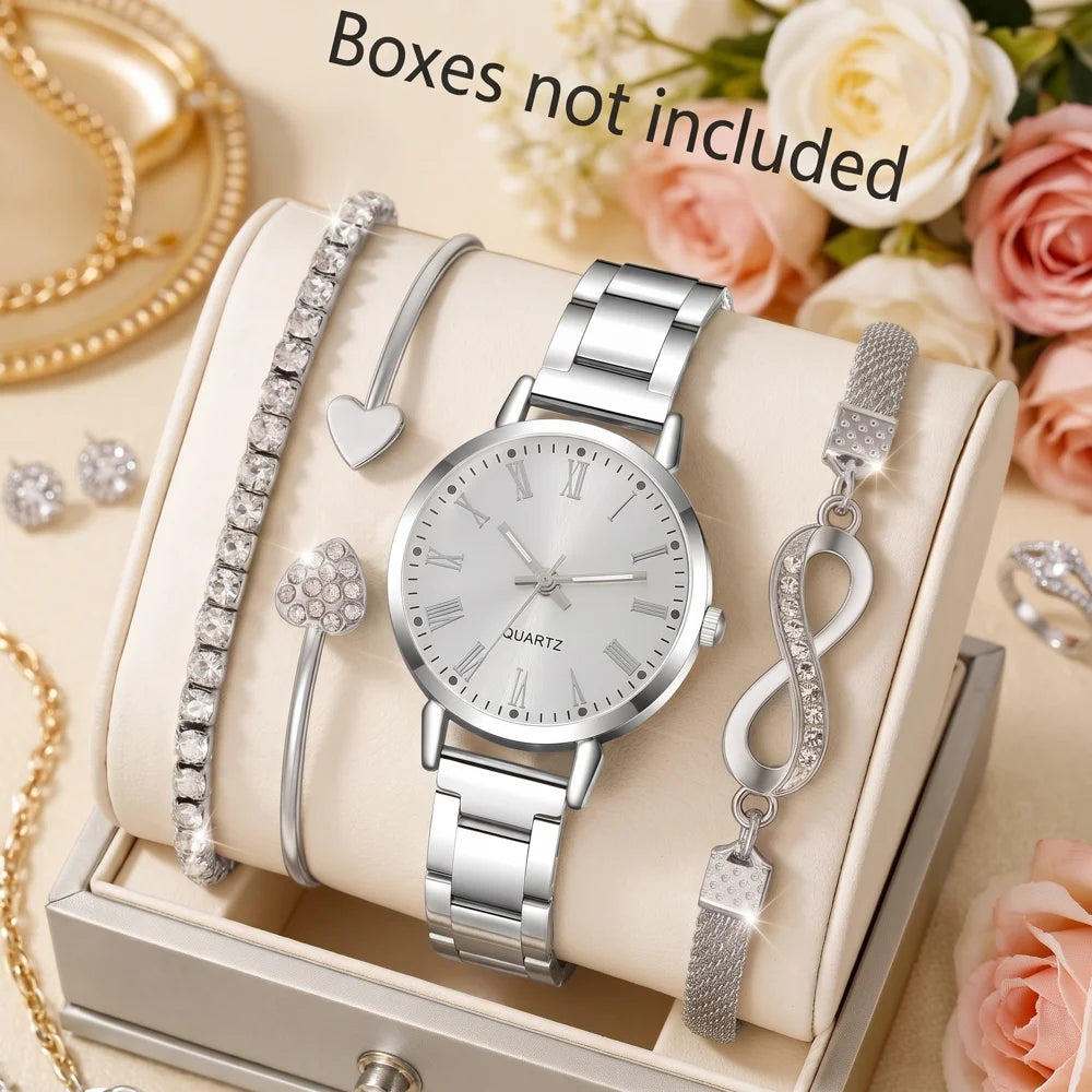 4Pcs/Set Unisex Jewelry Watches Women's Wristwatch Accessories Silver Trendy Fashion Elegant Classic