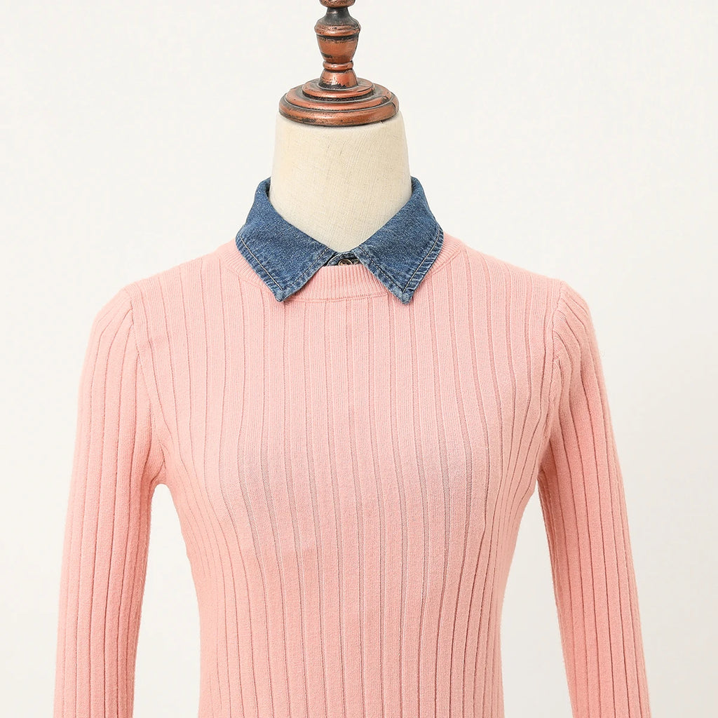 Women's Blue Washed Denim Pointed Collar Fake Collar, Professional Casual Versatile Decoration Half Shirt Style Collar