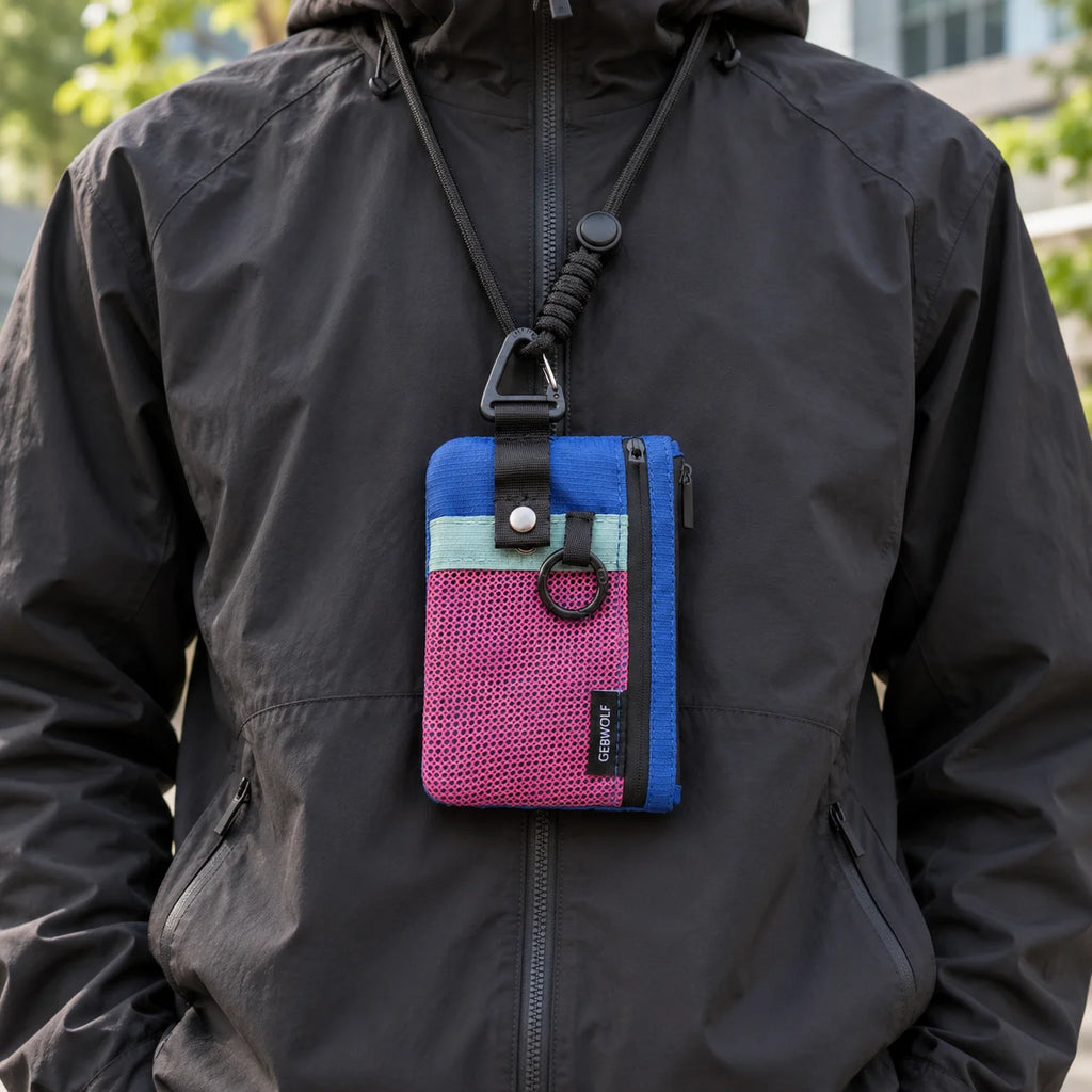 Small Minimalist Wallet for Women Men RFID Blocking, Zipper Coin Pouch with ID Window and Keychain Travel Lanyard Wallet