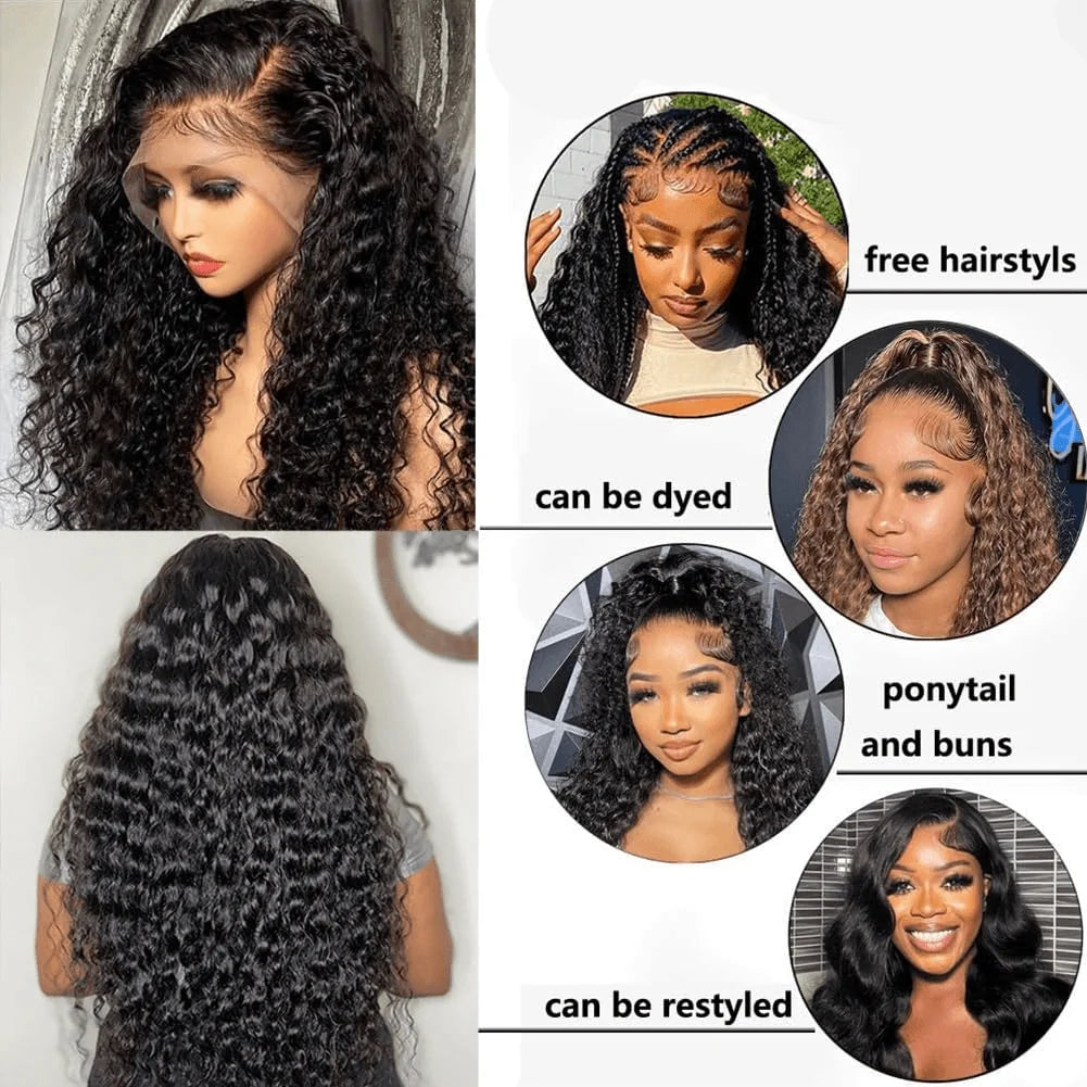 Deep Wave Lace Frontal Wig Human Hair Transparent Swiss Lace Remy