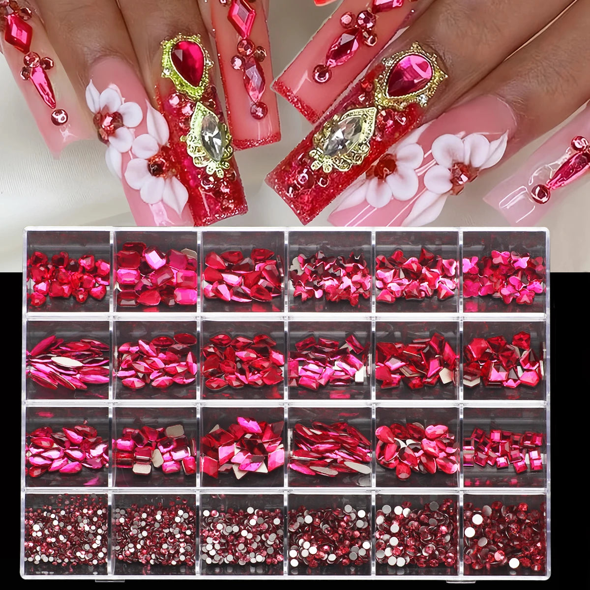 1 Box 3D Nail Diamond Kit, 24 AB Crystal Gem Grids, Multi-Shaped Nail Art