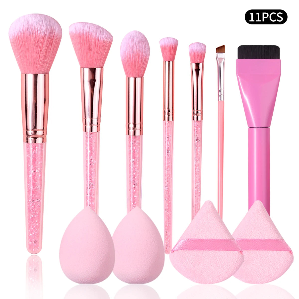 11Pcs Pink Makeup Brush Set with Sponge & Puff, Professional Glitter Handle Brushes for Foundation,