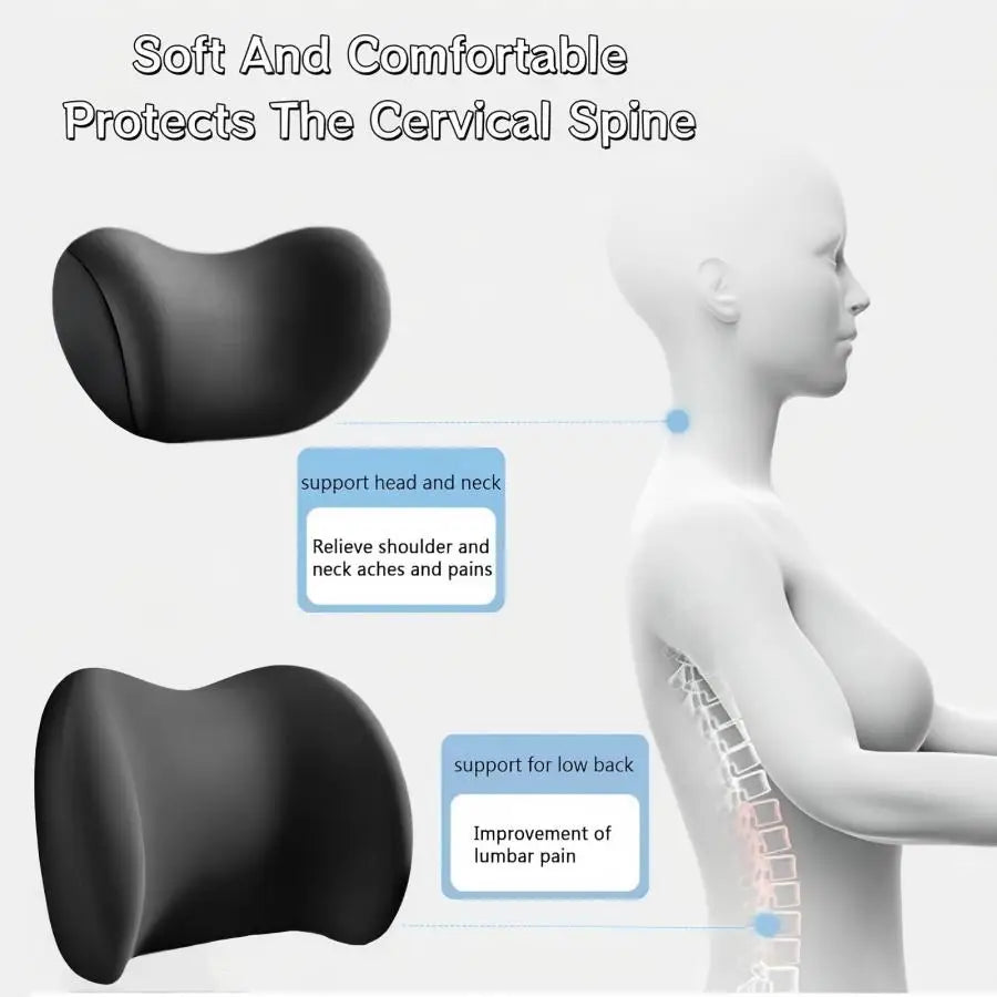 Car Headrest & Lumbar Support Cushion Kit, Memory Foam Neck Back Rest Pillows