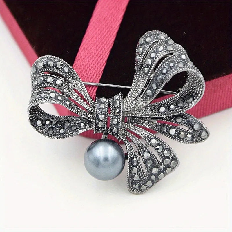 Rhinestone Black Flower Bow Tie Brooches for Women Vintage Elegant Large Brooch Pin Winter Coat Sweater Broches High Quality