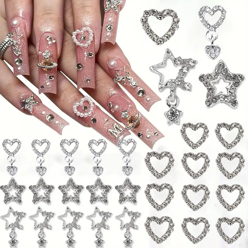 Silver Star Nail Charms With Rhinestones 3D Alloy Heart Y2K Charms For Acrylic Nails