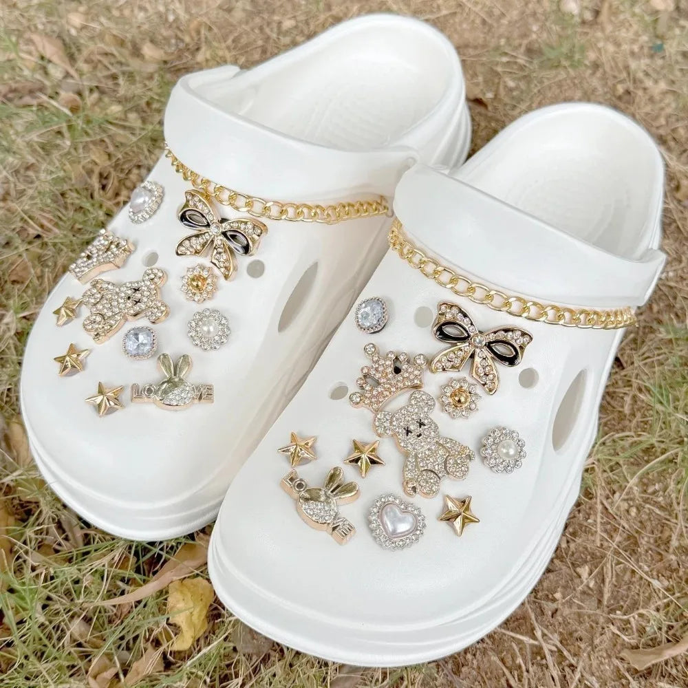 24PCS Gold Plated Bear Rhinestone Bow Shoe Charms Set