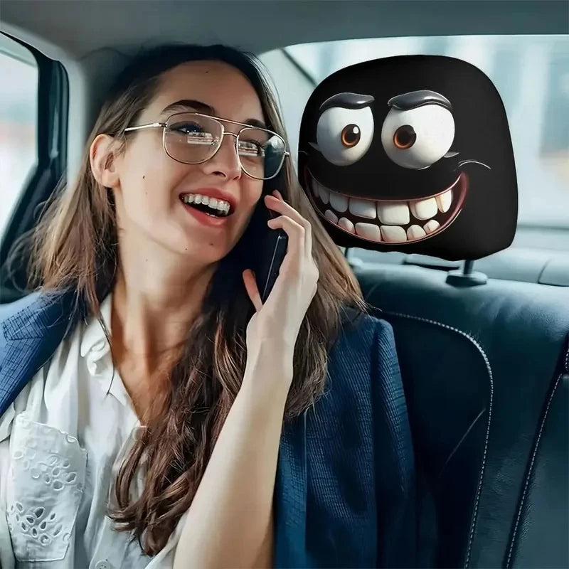 Smiley Face Car Headrest Cover 2pcs close-up view