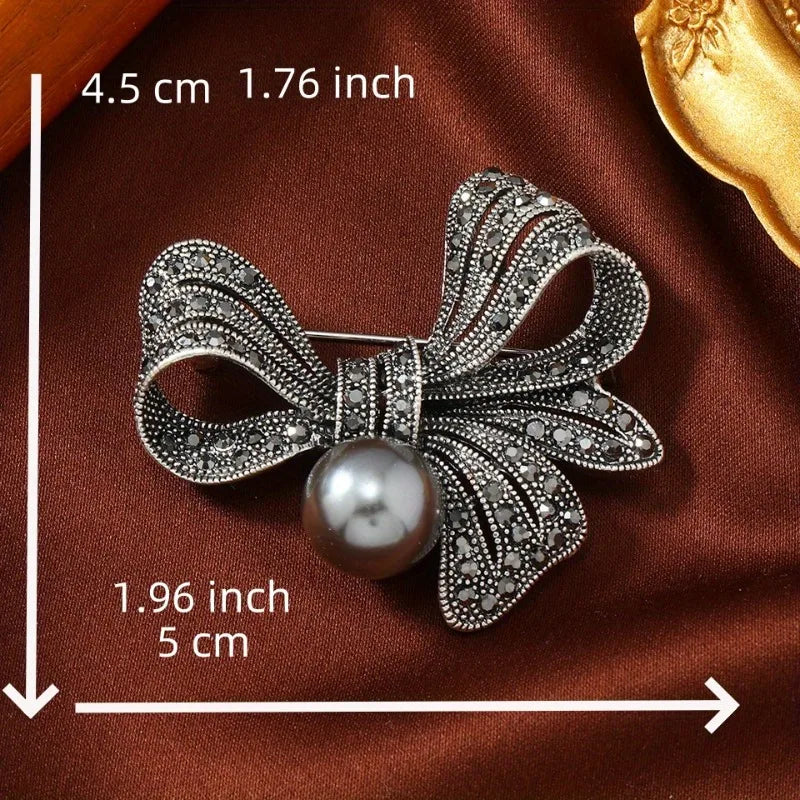 Rhinestone Black Flower Bow Tie Brooches for Women Vintage Elegant Large Brooch Pin Winter Coat Sweater Broches High Quality