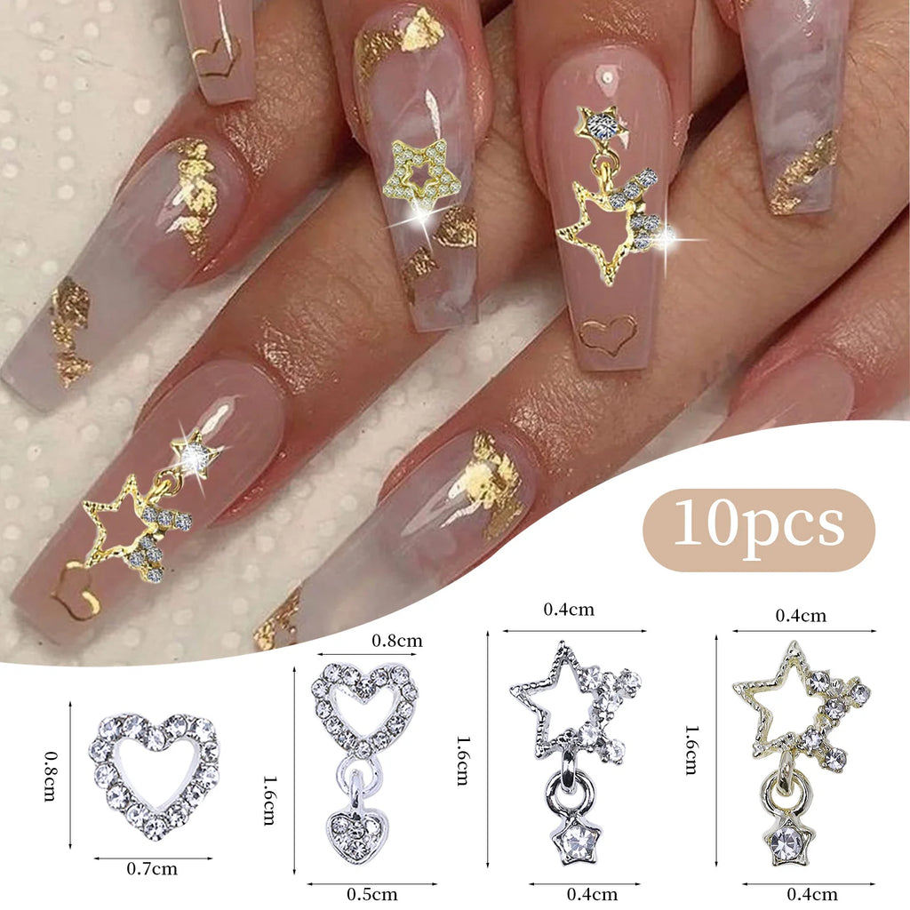 Silver Star Nail Charms With Rhinestones 3D Alloy Heart Y2K Charms For Acrylic Nails