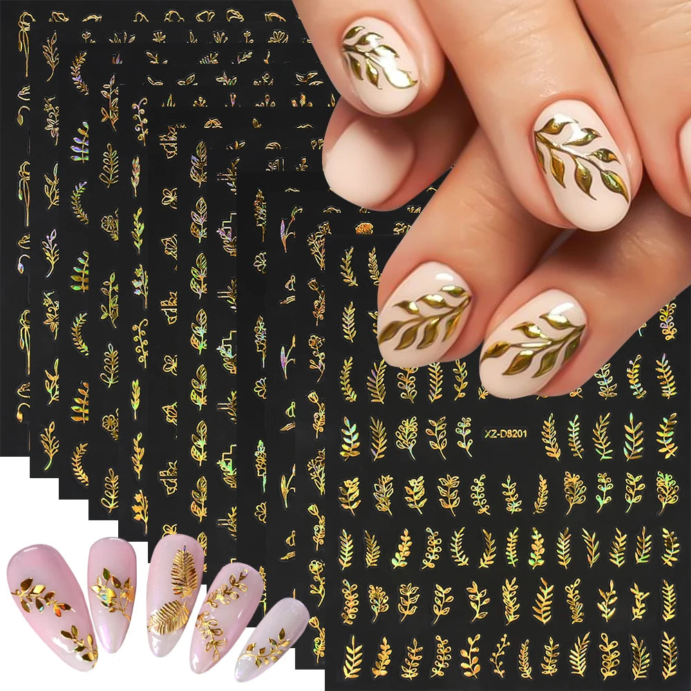 Gold Leaf Nail Stickers 3D Self-Adhesive Flower Decals 12pcs