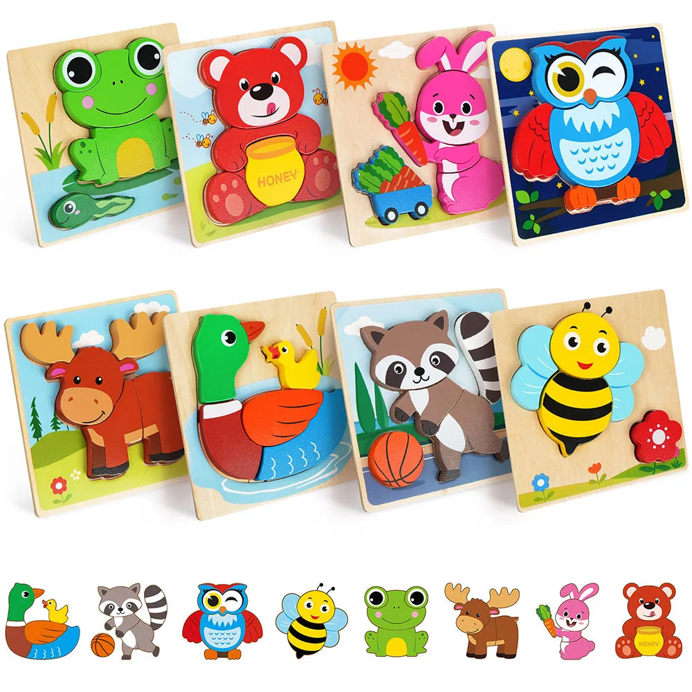 8 Pack Animal Wooden Puzzles Toys For Toddlers