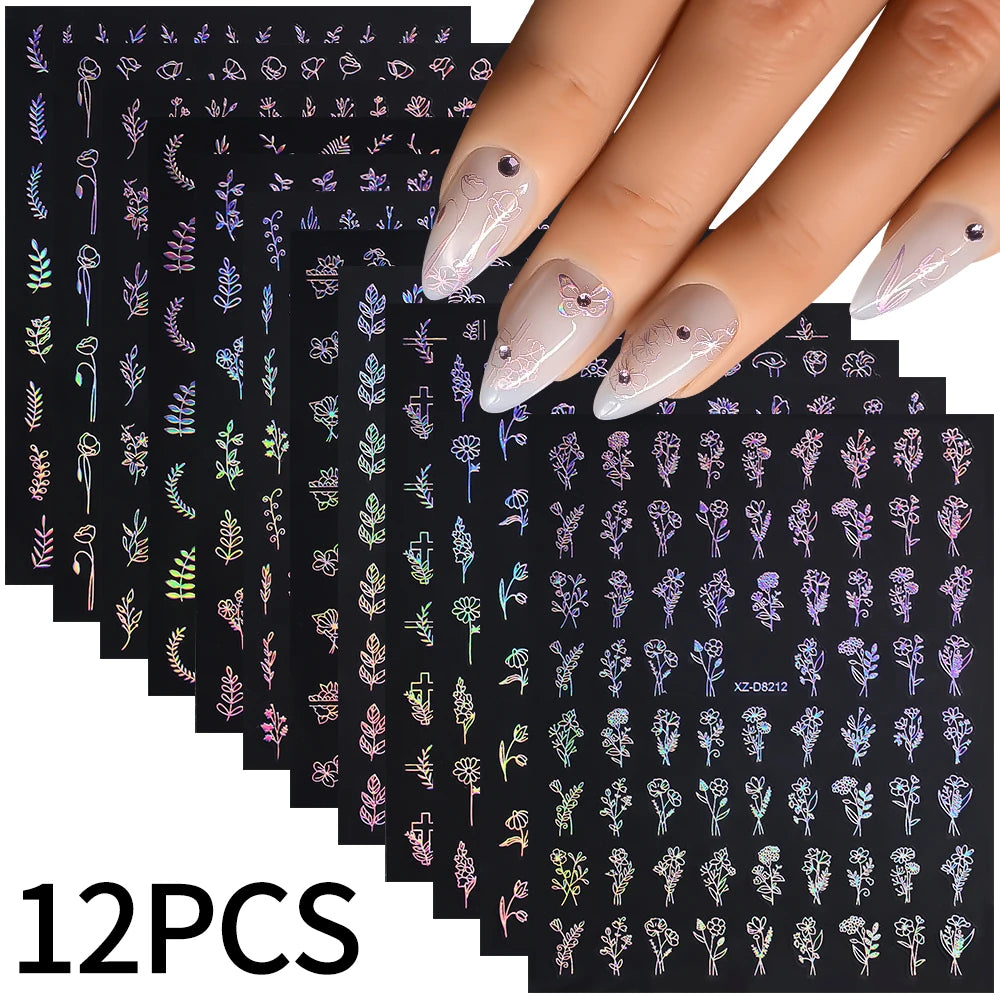 Gold Leaf Nail Stickers 3D Self-Adhesive Flower Decals 12pcs
