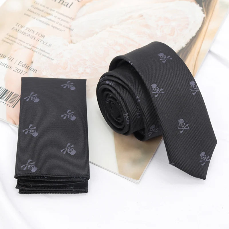 Black Slim Skull Ties for Men Women Classic Polyester Neckties Fashion Man Tie Casual Party Cosplay Punk Accessories Fake Collar